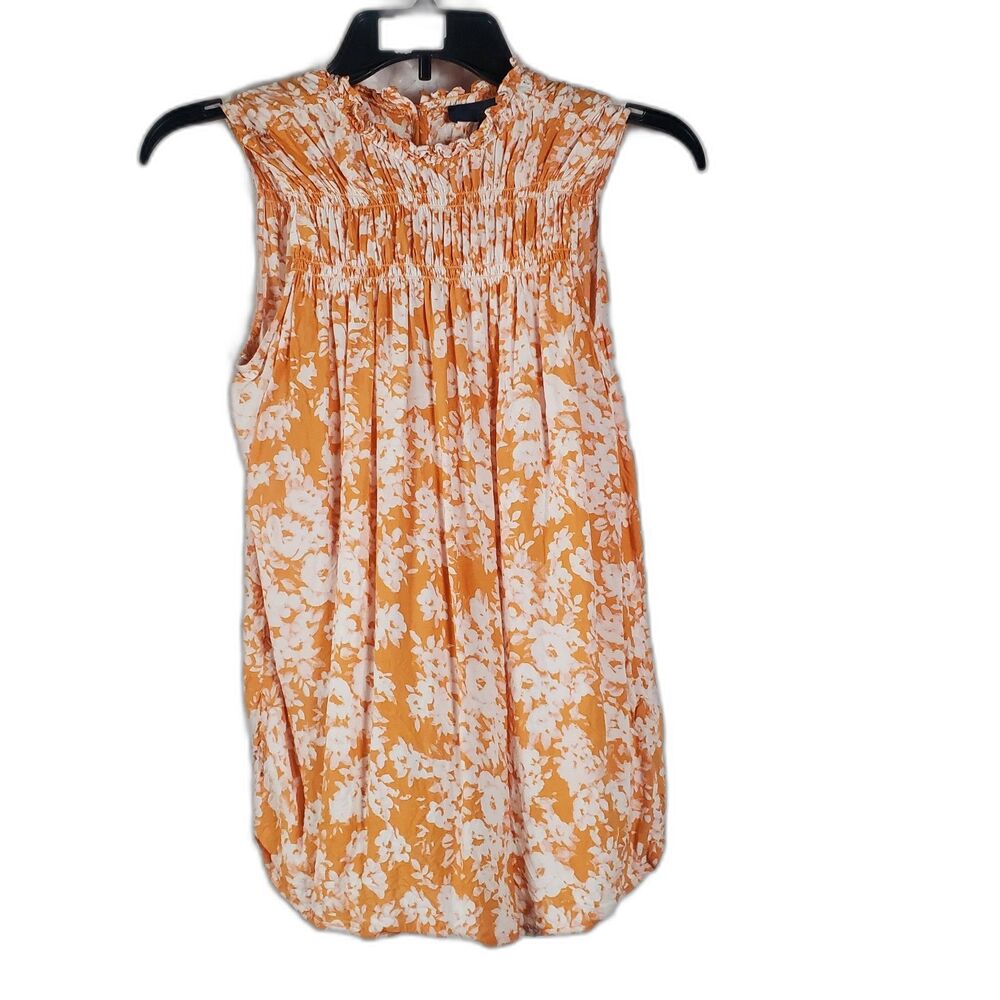 Orange & White Floral Sleeveless Pleated Blouse Top Size S